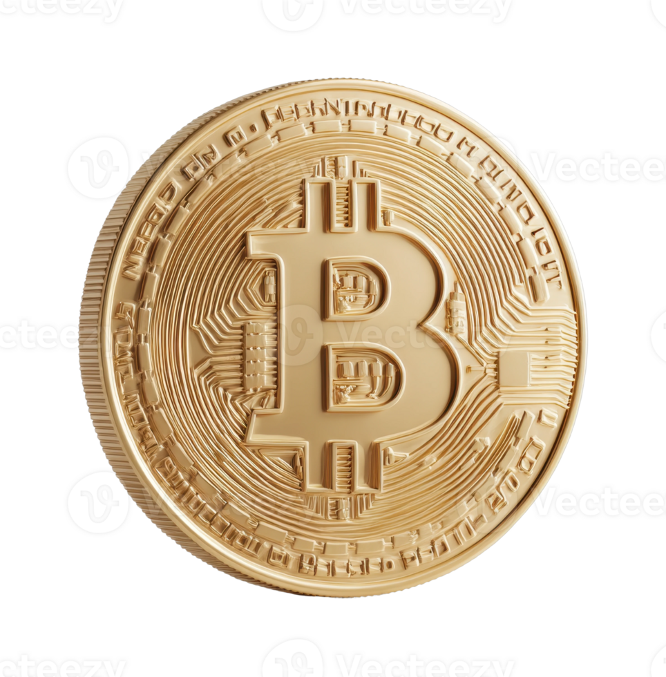 Golden bitcoin cryptocurrency coin with circuit design png