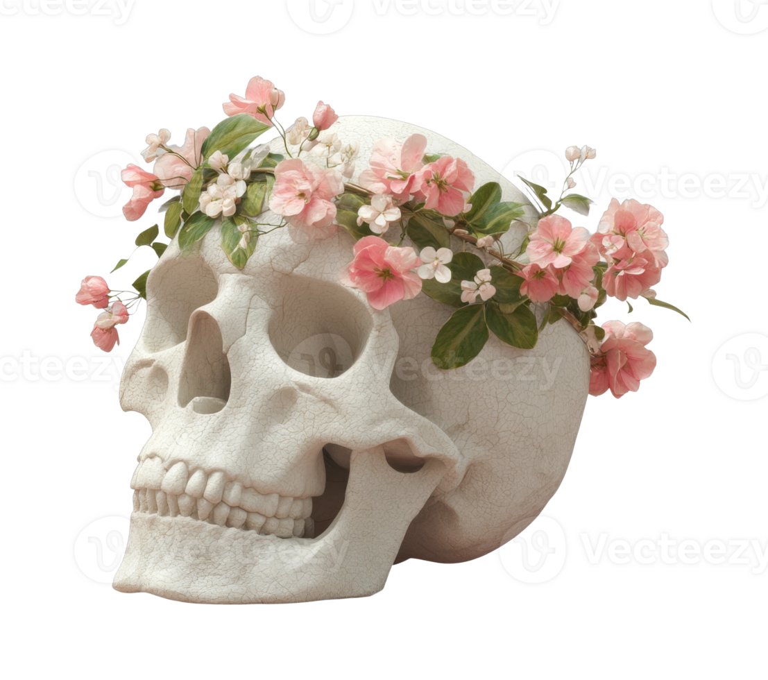 Human skull with floral crown symbolizing life and death png