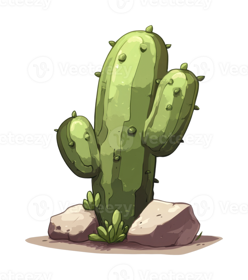 Illustrated green cactus with small rocks and plants png