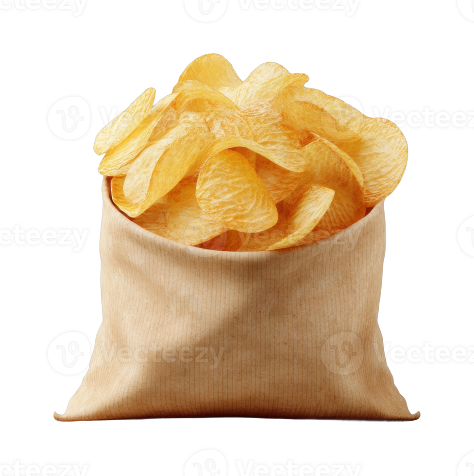 Crispy potato chips overflowing from open brown bag png