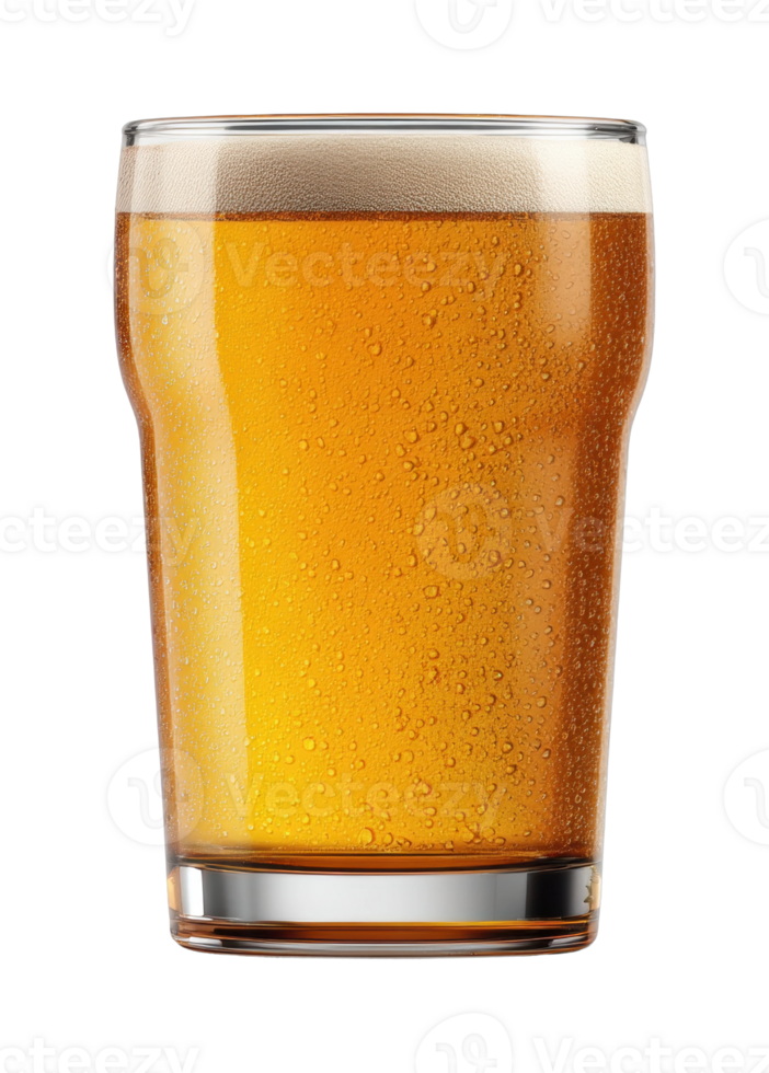 Refreshing pint of cold amber beer with frothy head png
