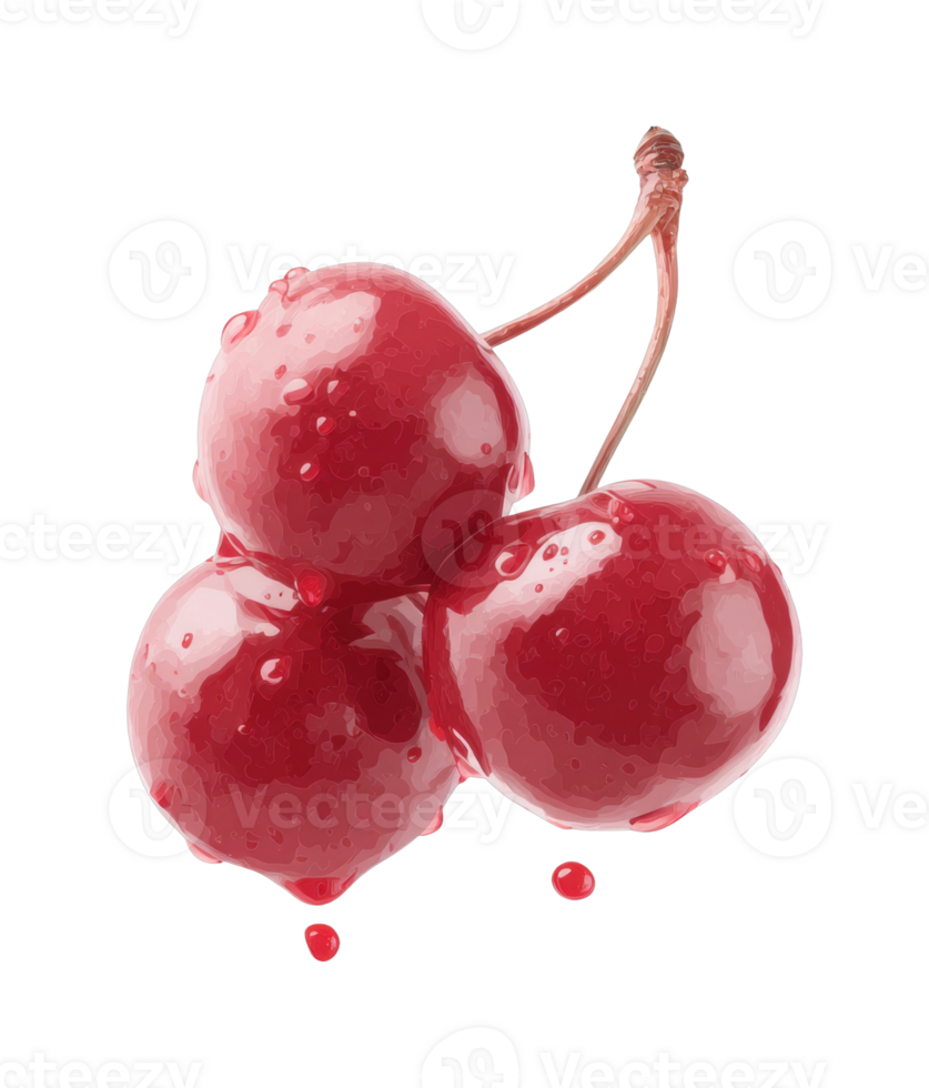 Three fresh red cherries with water droplets on black background png