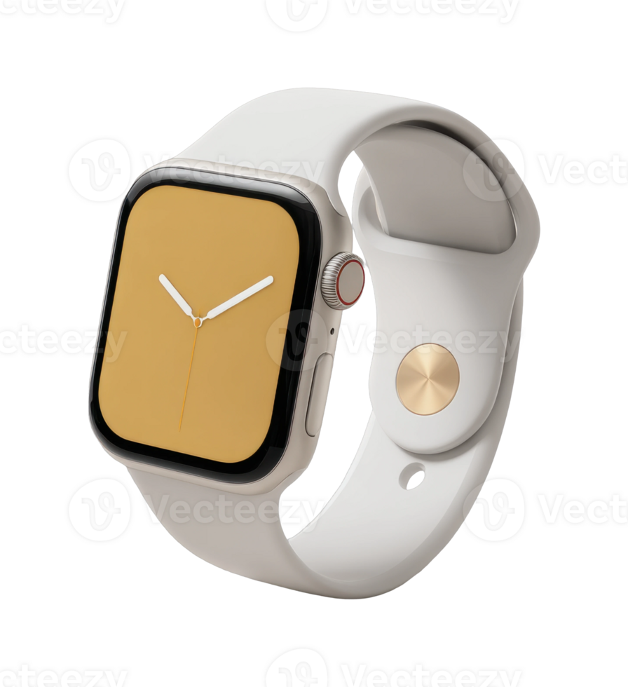 Modern smartwatch with yellow face and white band displayed at side view png