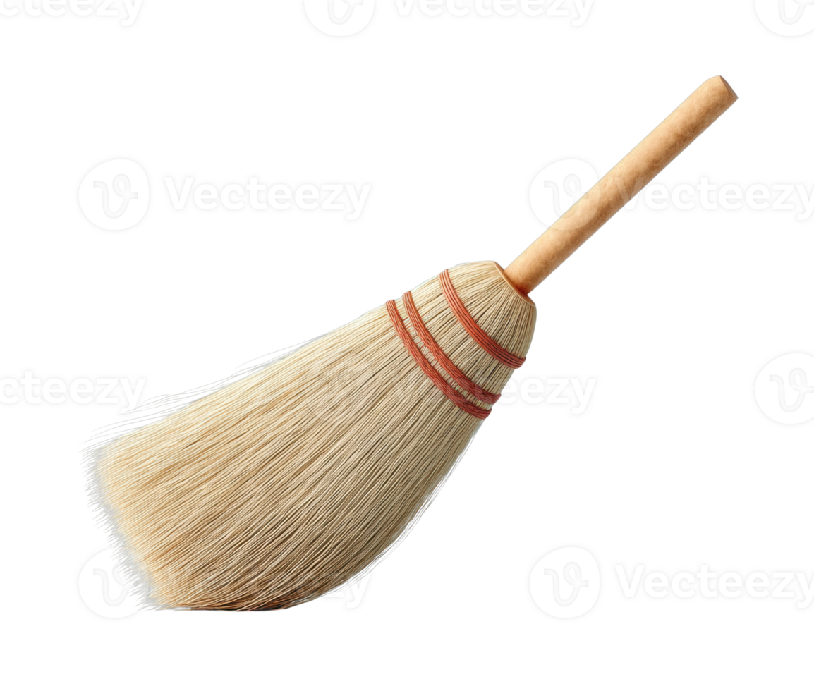 Traditional handmade straw broom with wooden handle png