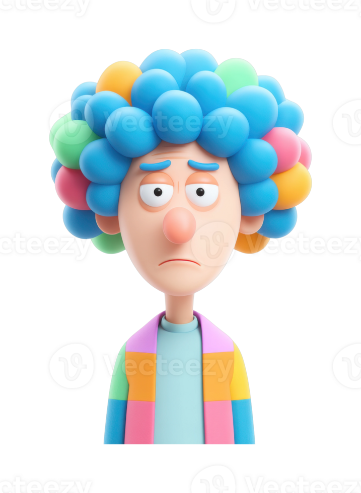 Animated sad clown character with colorful hair and patterned jacket png