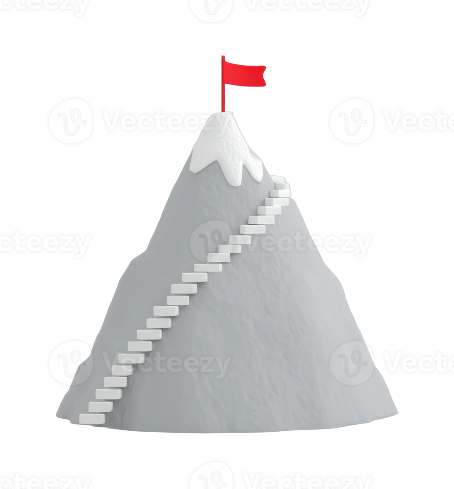 3d mountain with staircase and red flag on snowy peak png