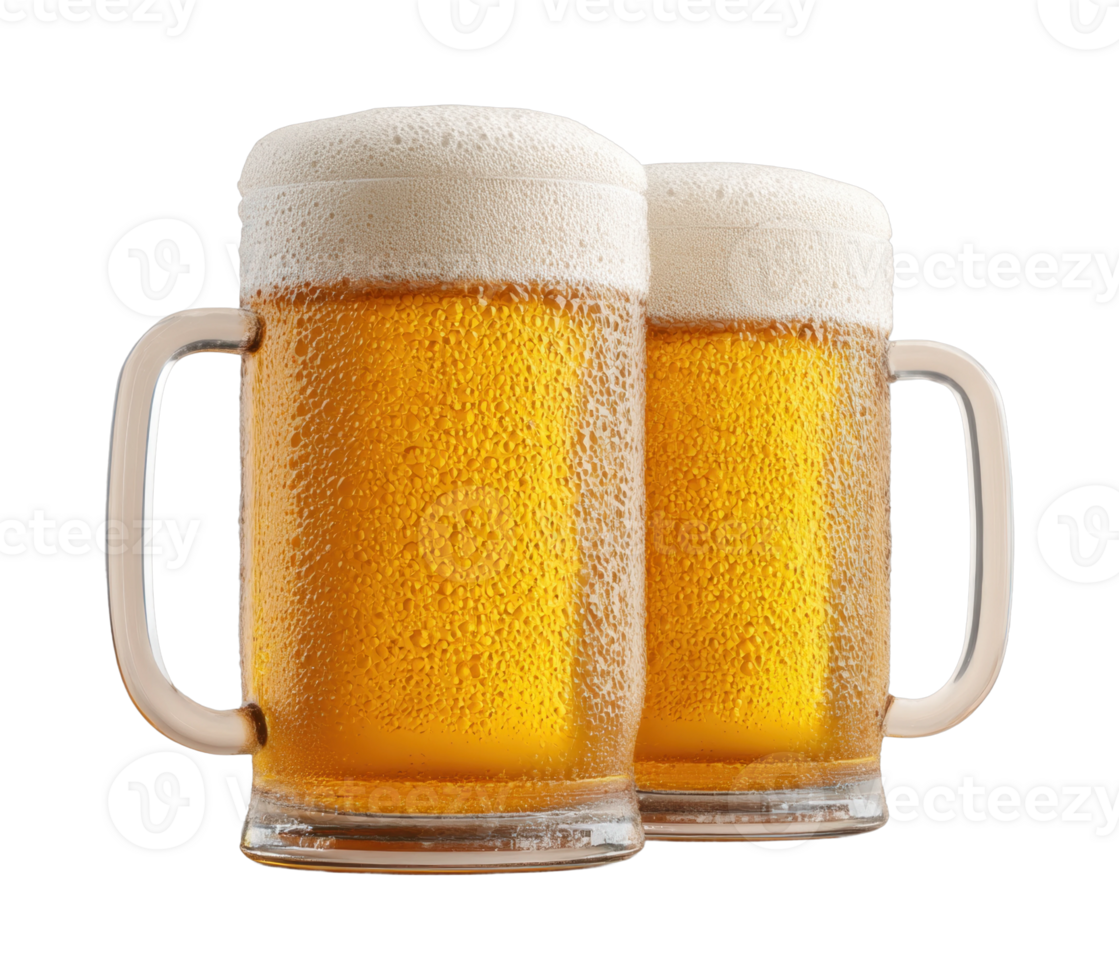 Two frosty beer mugs filled with golden lager and crowned with foamy heads png