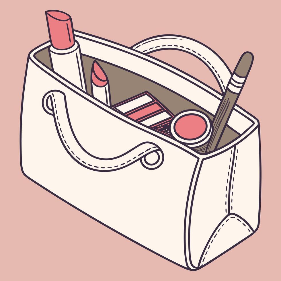 Stylish White Handbag Overflowing with Chic Makeup Essentials Lipstick, Eyeshadow, and Brush, Pink Background, Feminine Mood vector