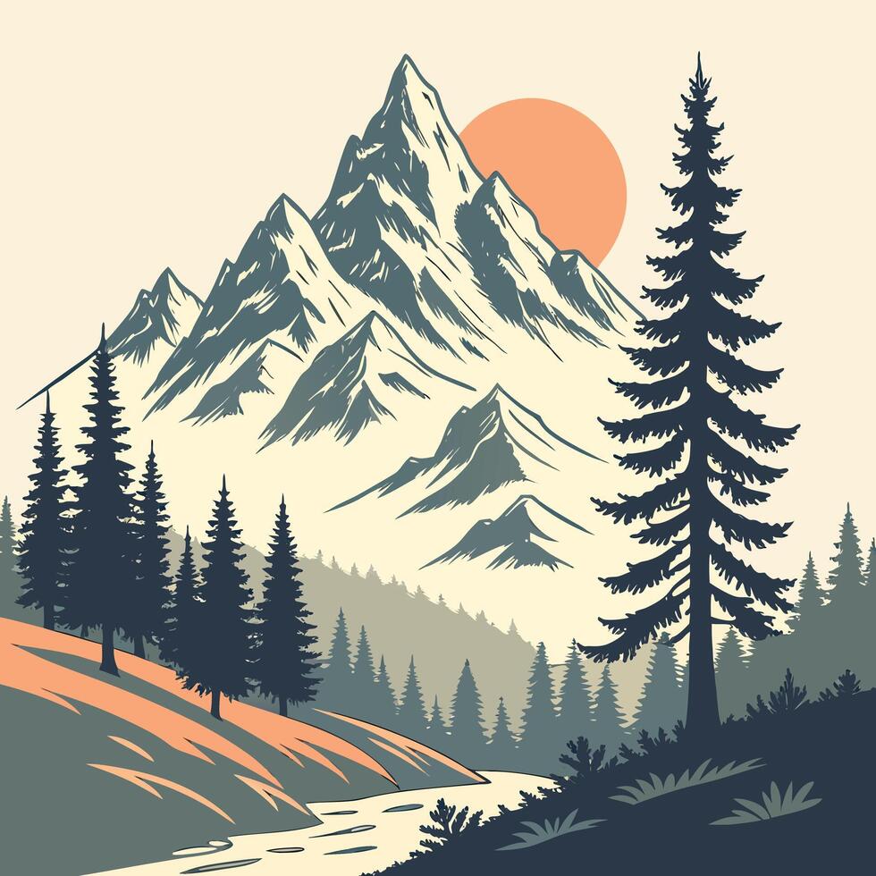 Serene Sunset Landscape Majestic Mountains, Tranquil River, and Silhouetted Pine Trees in a Peaceful Nature Scene vector
