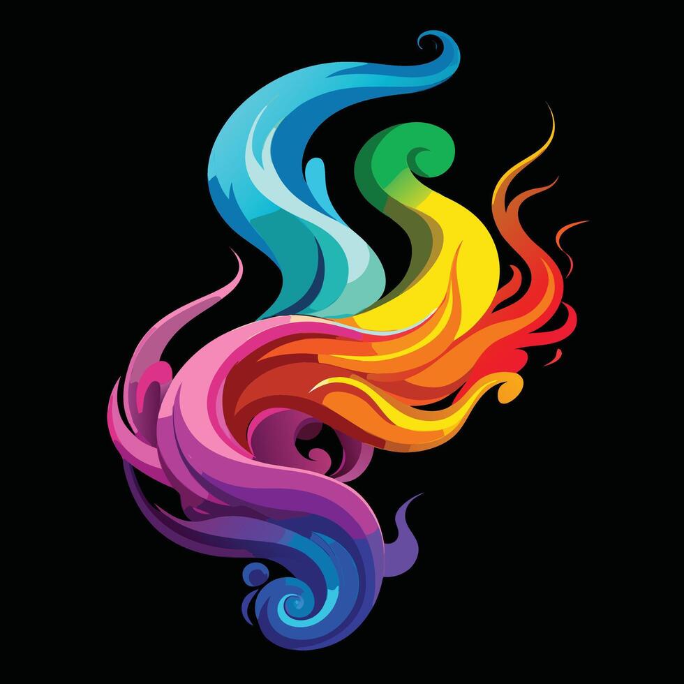 Vibrant Rainbow Swirls Dancing in a Dark Abstract Background A Psychedelic Artistic Design - Professional digital artwork with vibrant colors and detailed composition vector
