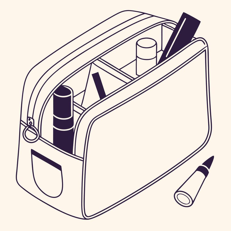 Stylish Open Zippered Travel Makeup Bag with Cosmetics and Accessories in a Calm Setting - Professional digital artwork with vibrant colors and detailed composition vector