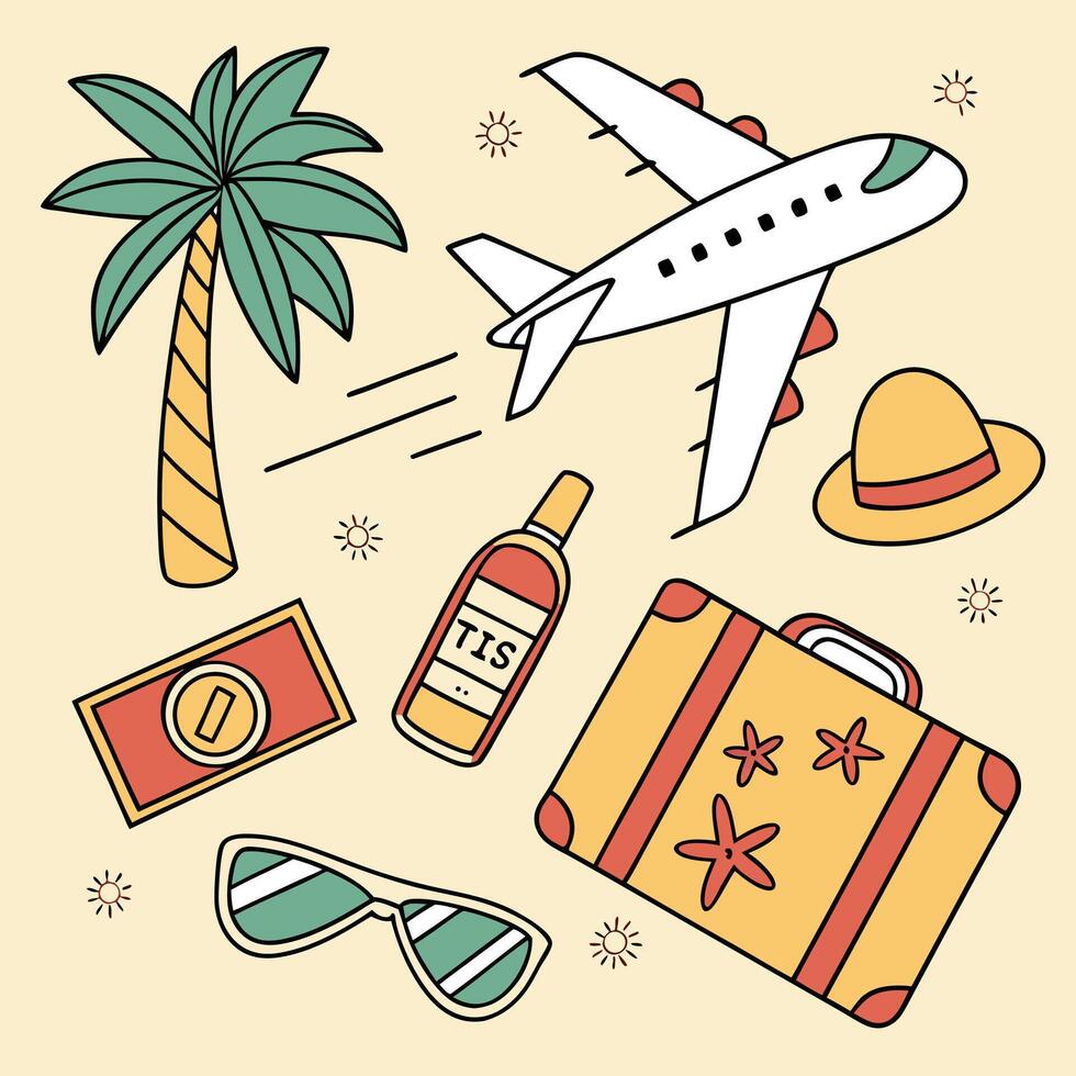 Joyful Summer Vacation Travel Illustration Plane, Palm Tree, Luggage, and Sunglasses in a Cheerful, Retro Style vector