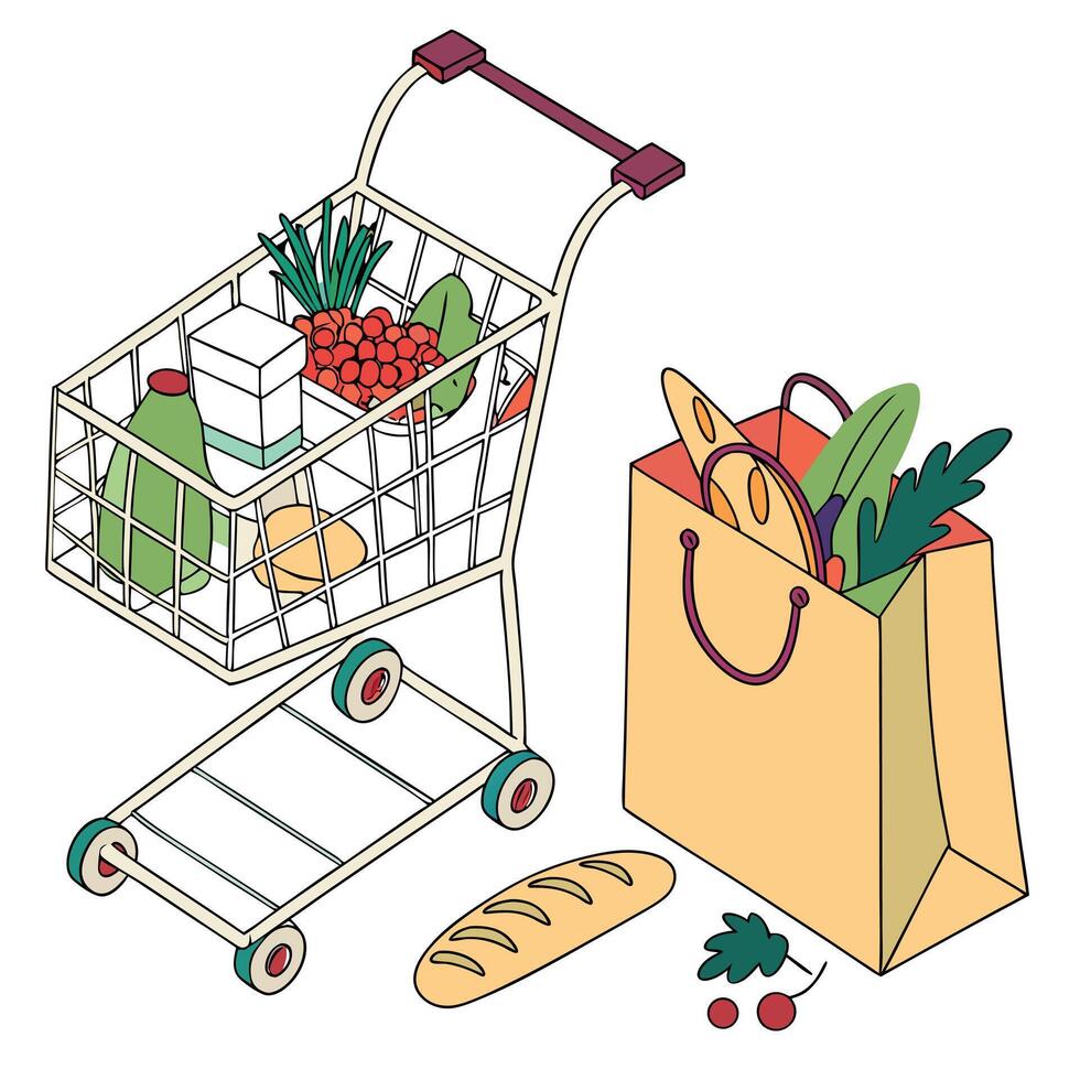 Cheerful Grocery Shopping Isometric Illustration of a Full Shopping Cart and Bag Overflowing with Fresh Produce and Baked Goods vector