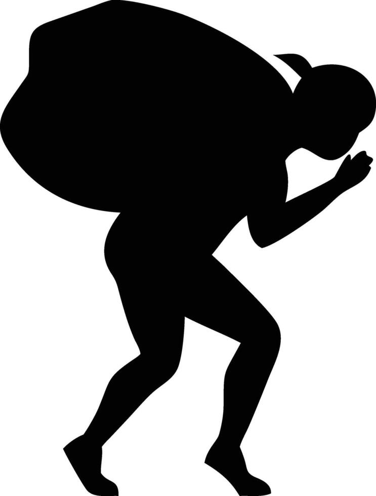 Weary Woman Carrying Heavy Burden, Silhouette Illustration Exhausted Female Figure Struggling Under Weight in Dramatic Black and White vector