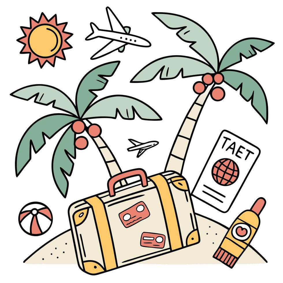 Joyful Tropical Getaway Packing Suitcase for Sunny Beach Vacation Under Palm Trees - Professional digital artwork with vibrant colors and detailed composition vector
