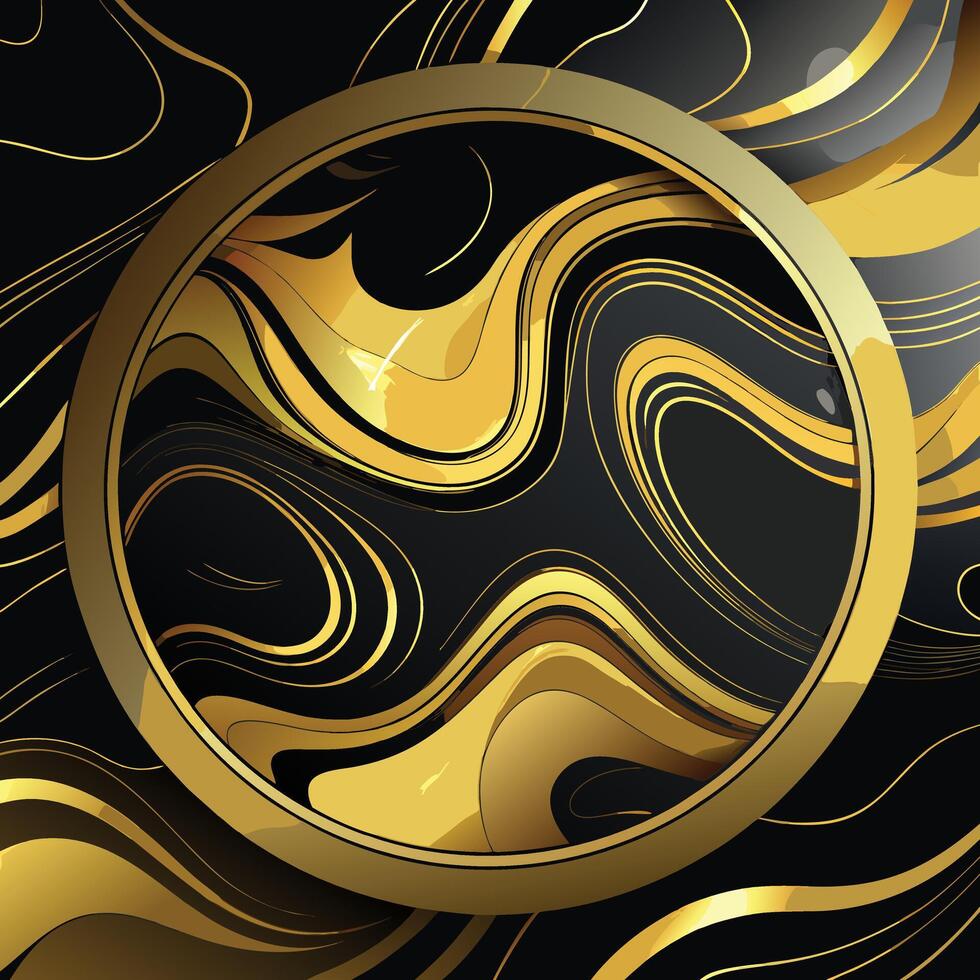 Luxurious Black and Gold Swirling Marble Design Elegant Circular Frame with Abstract Background - Professional digital artwork with vibrant colors and detailed composition vector