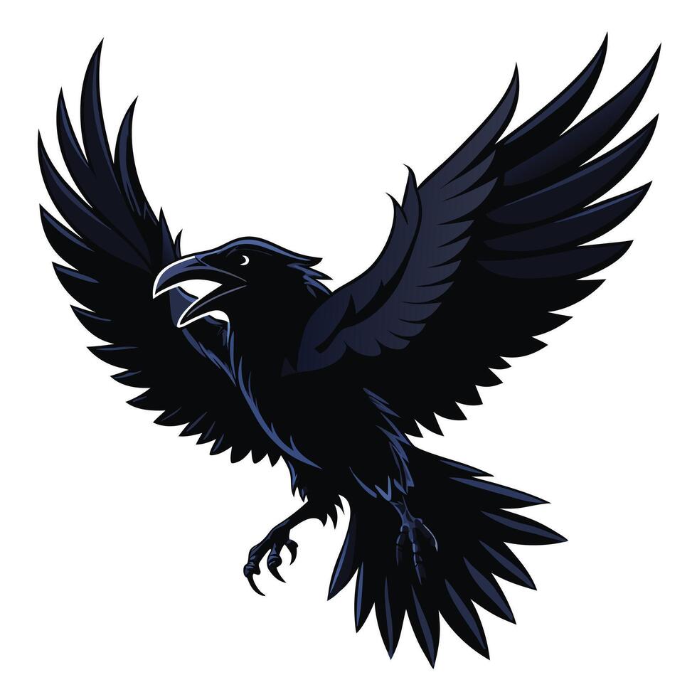 Majestic Dark Raven in Flight A Dramatic Silhouette Against White Background, Mysterious and Powerful Bird vector