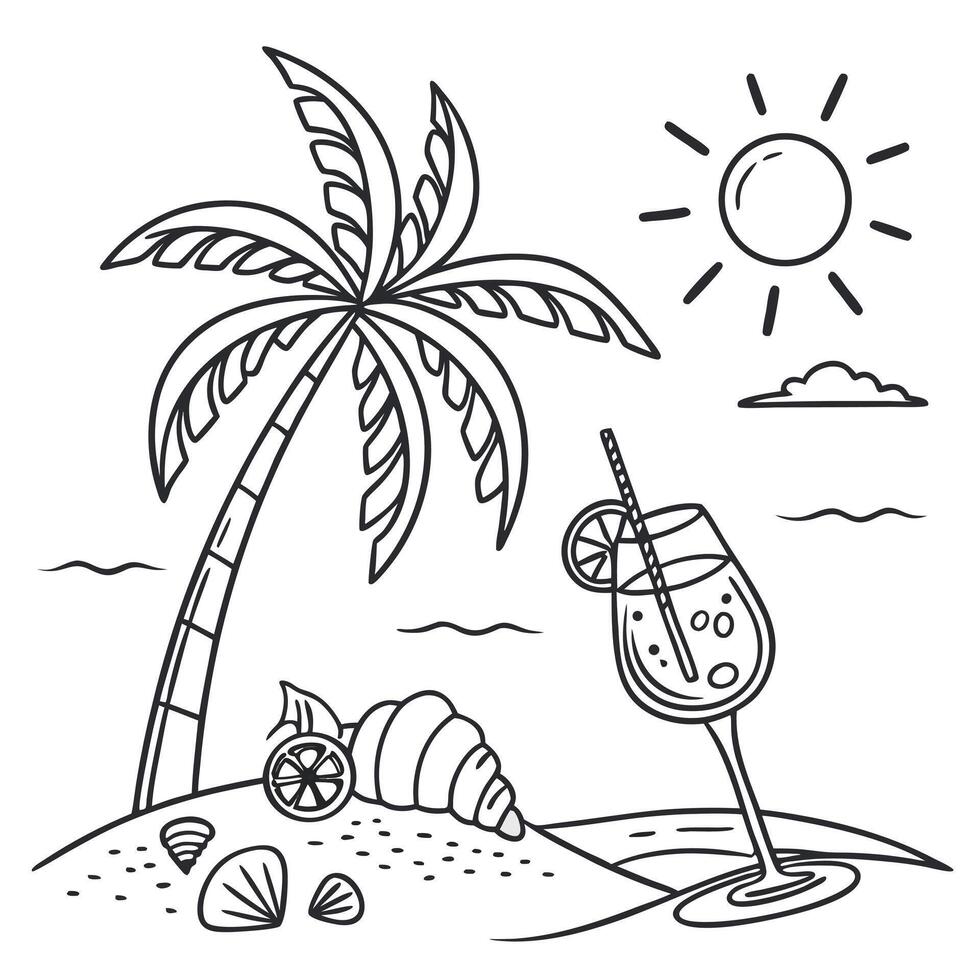 Relaxing Tropical Beach Scene Sunny Day, Palm Tree, and Refreshing Cocktail Illustration - Professional digital artwork with vibrant colors and detailed composition vector