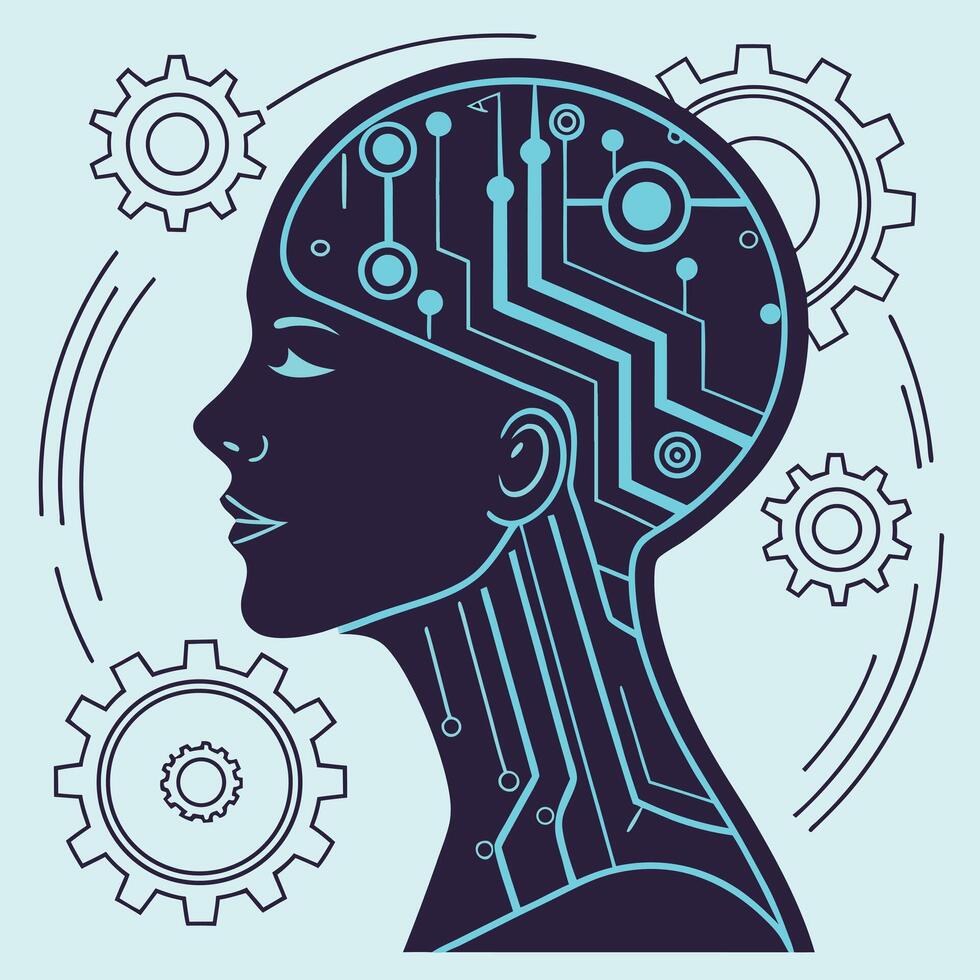 Serene AI Female Cyborg Profile Futuristic Technology and Calm Digital Mind in a Peaceful Setting vector