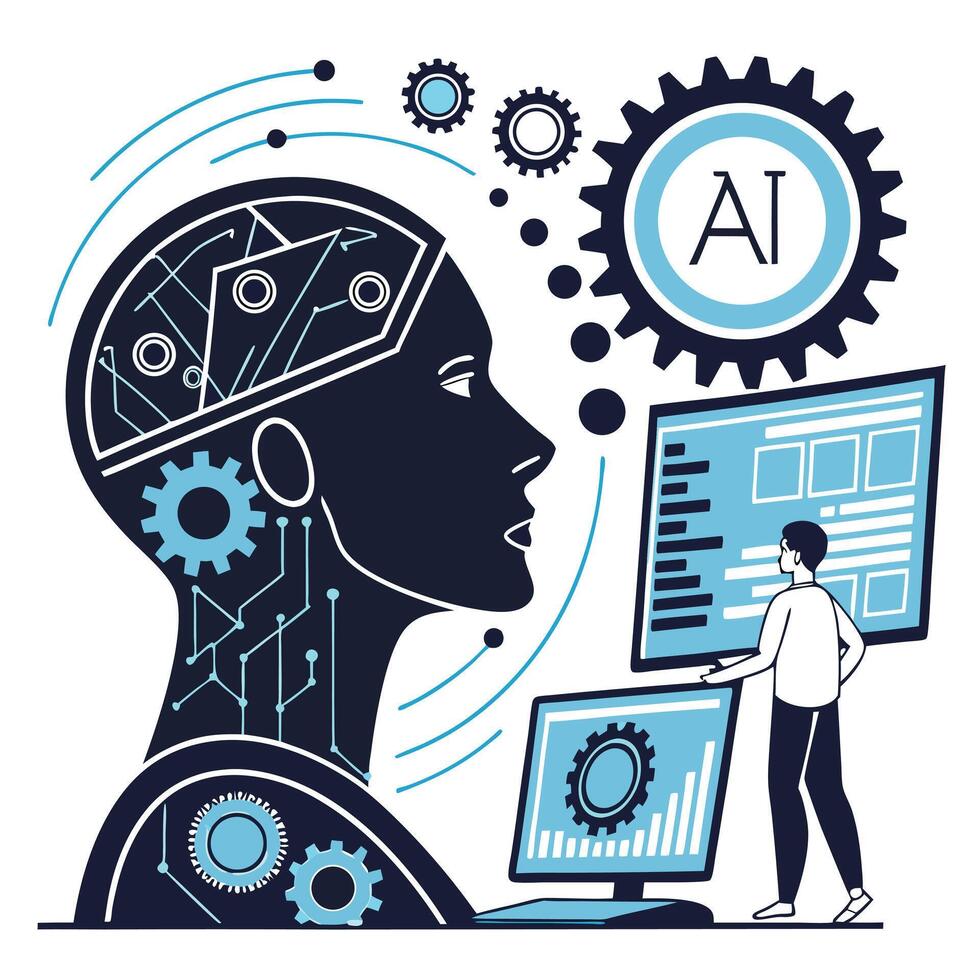 Futuristic AI Technology Person Interacting with Artificial Intelligence System, Modern Digital Interface, Innovative Tech, Blue and Dark Theme vector