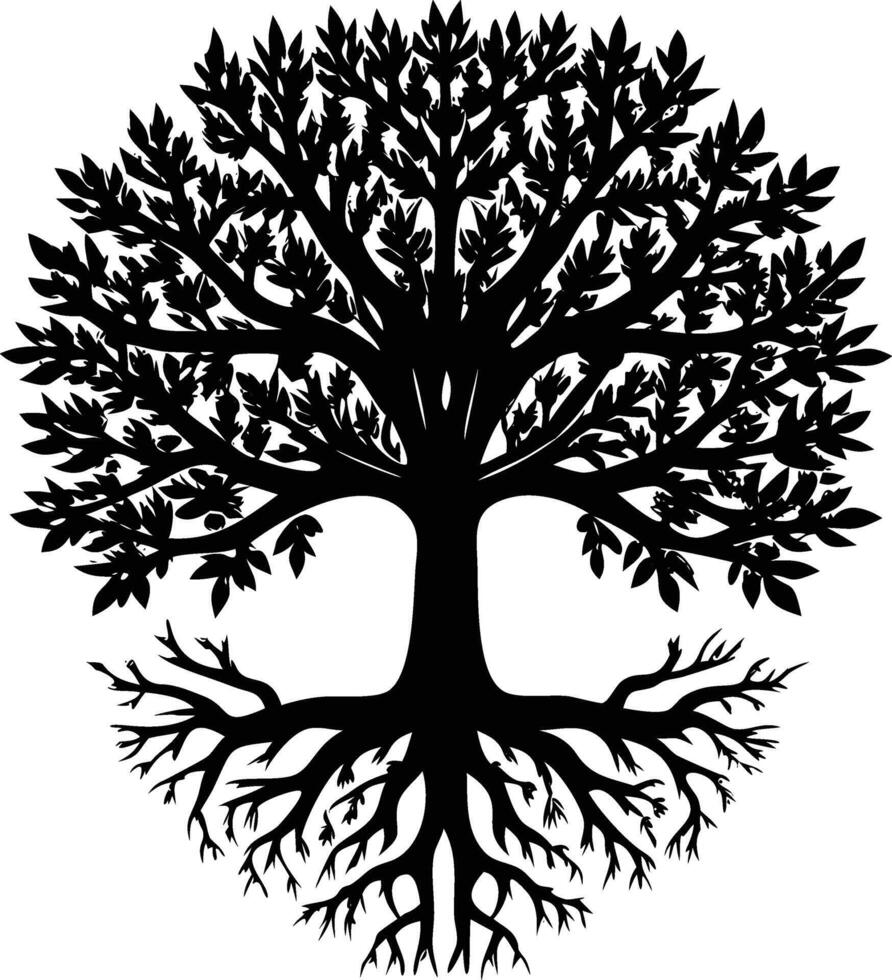 Majestic Black Silhouette of a Tree of Life with Deep Roots, Symbolic of Natures Strength and Enduring Power, Isolated on White Background vector