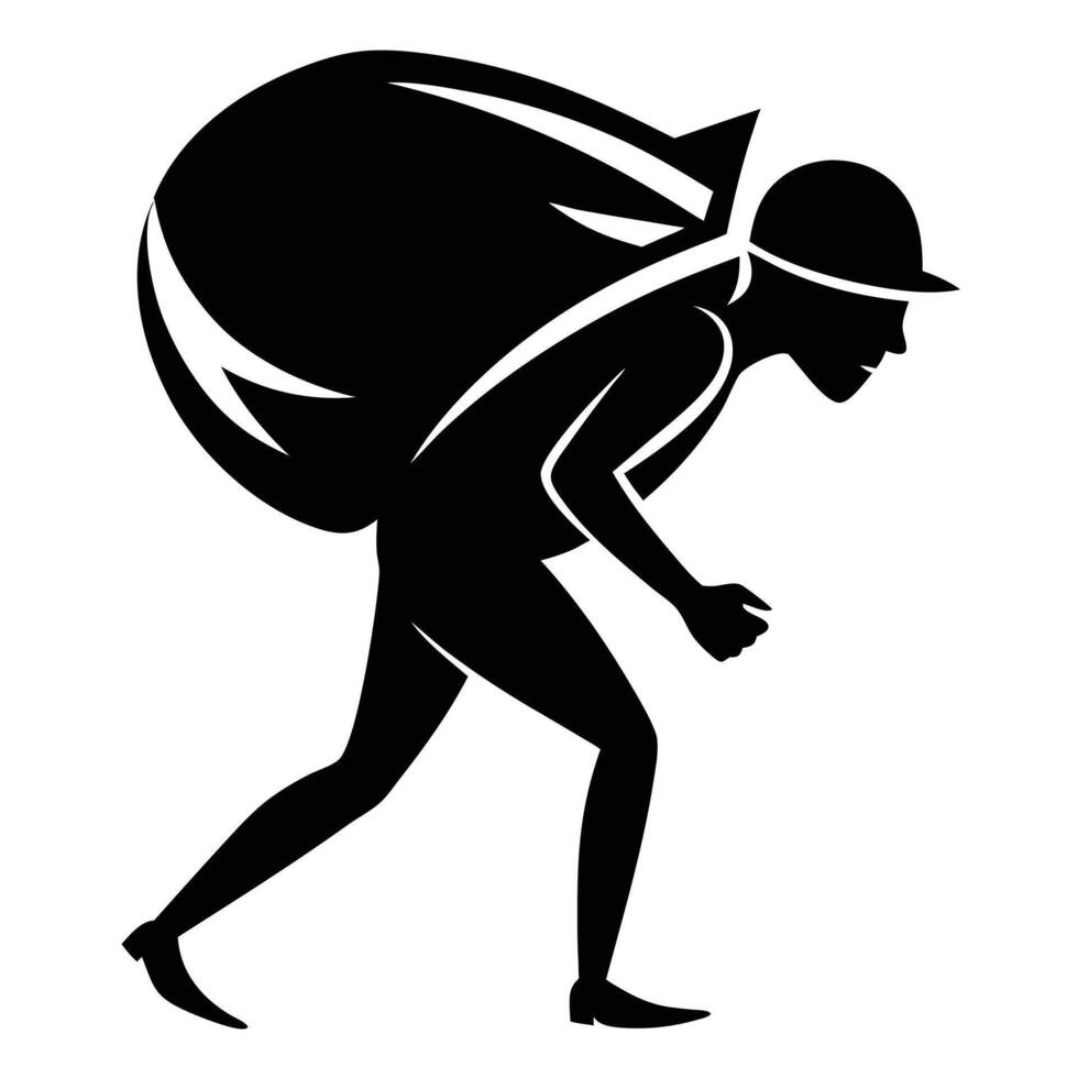 Silhouette of a Burdened Man Hurrying, Dramatic Black and White Illustration of Exhaustion - Professional digital artwork with vibrant colors and detailed composition vector