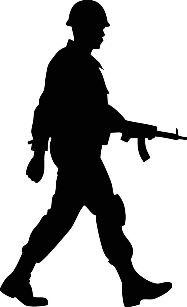Silhouetted Soldier Walking with Rifle, Dramatic Black and White Image of Military Patrol, Strong and Mysterious Mood vector