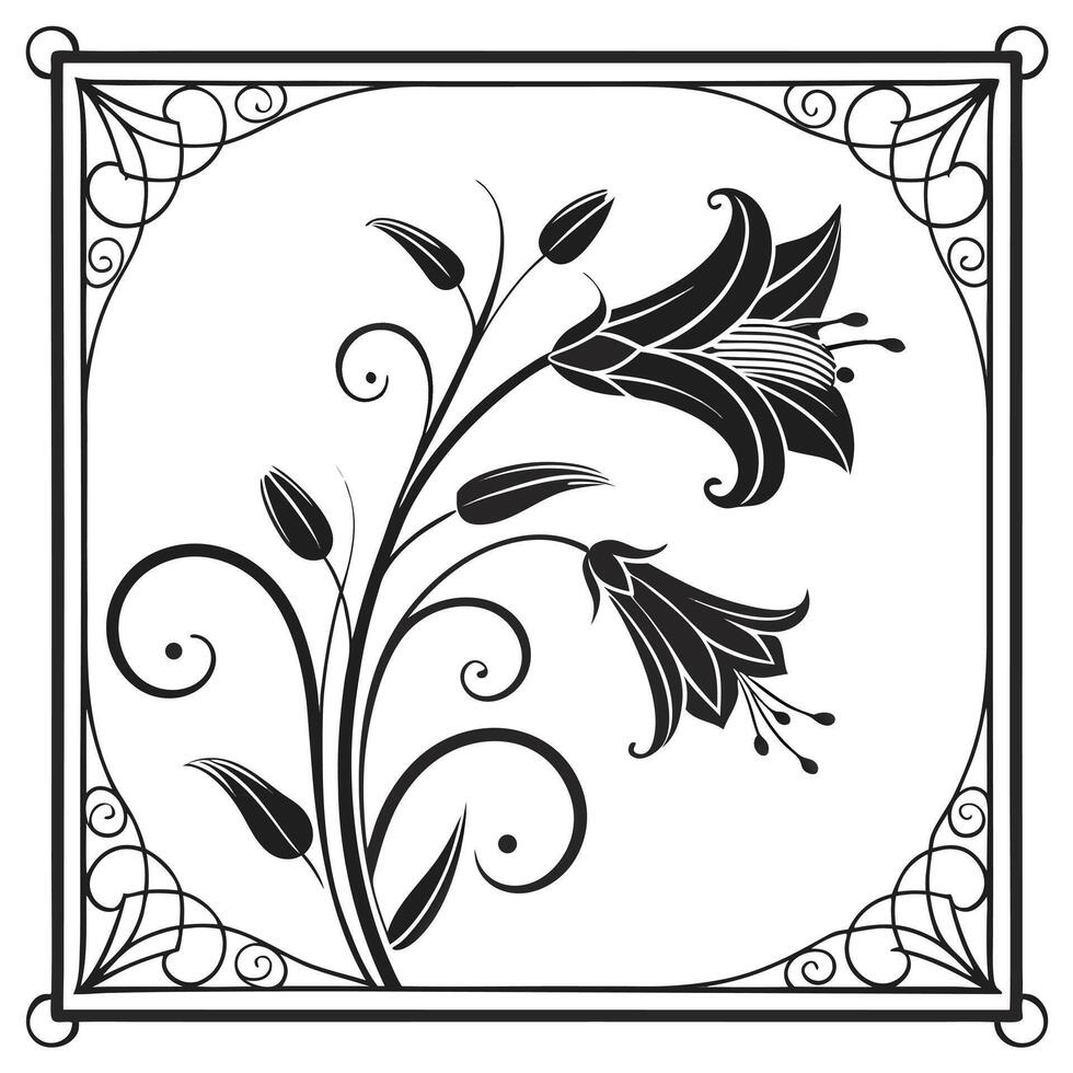 Elegant Black and White Floral Design in an Ornate Frame A Square Art Nouveau Style Illustration vector