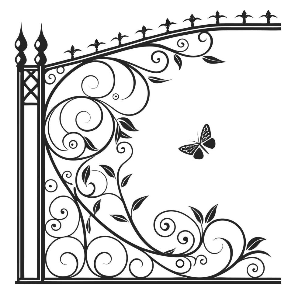 Elegant Black Wrought Iron Gate Design with Flourishing Vines and Butterfly, Romantic Garden Decor - Professional digital artwork with vibrant colors and detailed composition vector