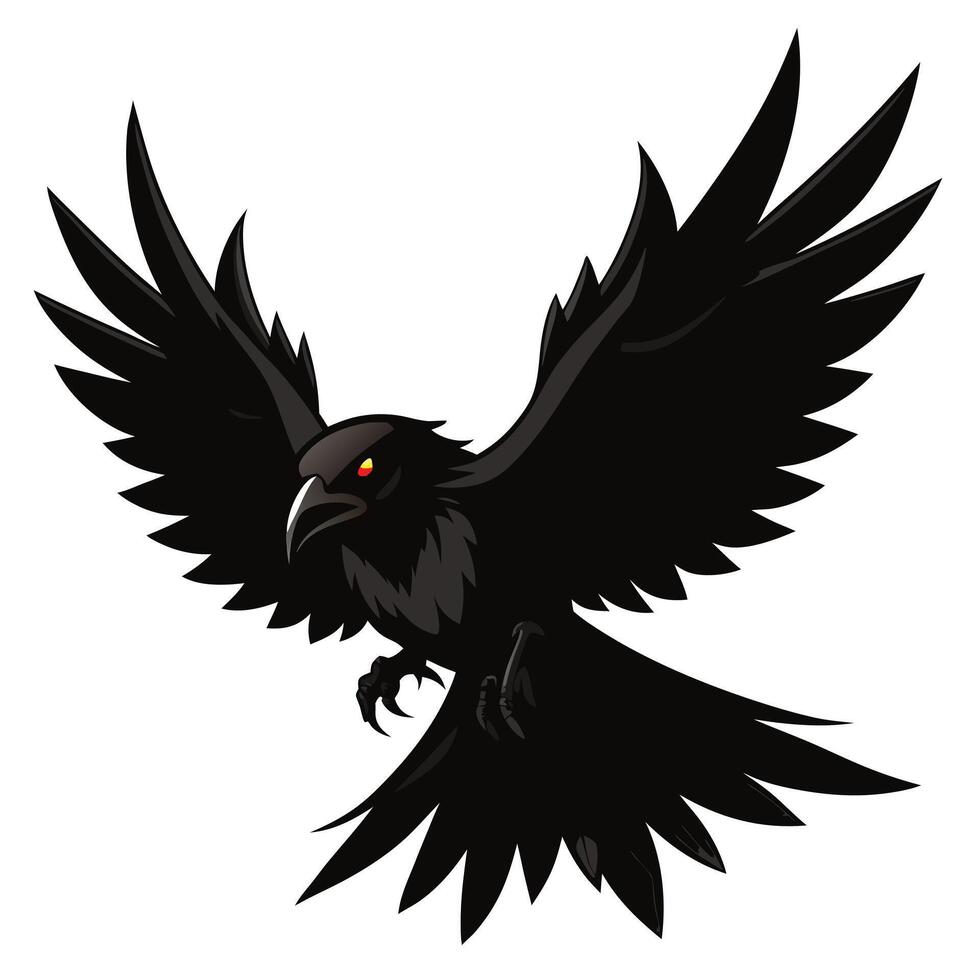Majestic Black Raven in Flight Dark, Powerful, and Mysterious Bird Soaring Against White Background - Professional digital artwork with vibrant colors and detailed composition vector