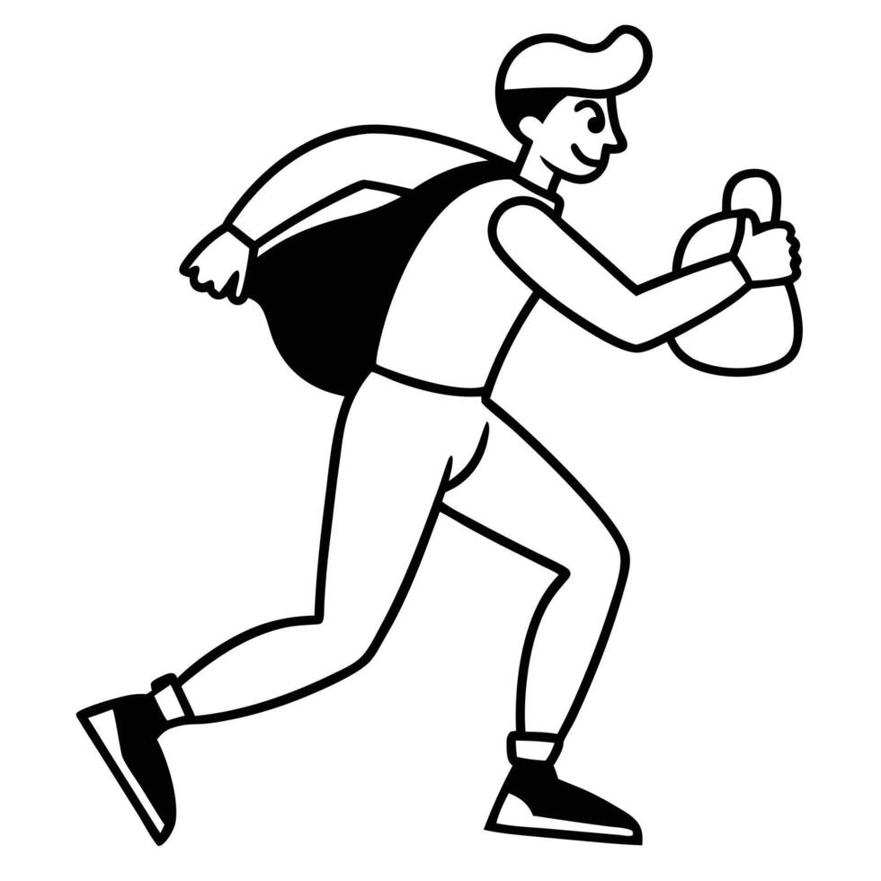 Energetic Young Man Hurriedly Carrying a Bag While Running Outdoors, Black and White Illustration - Professional digital artwork with vibrant colors and detailed composition vector