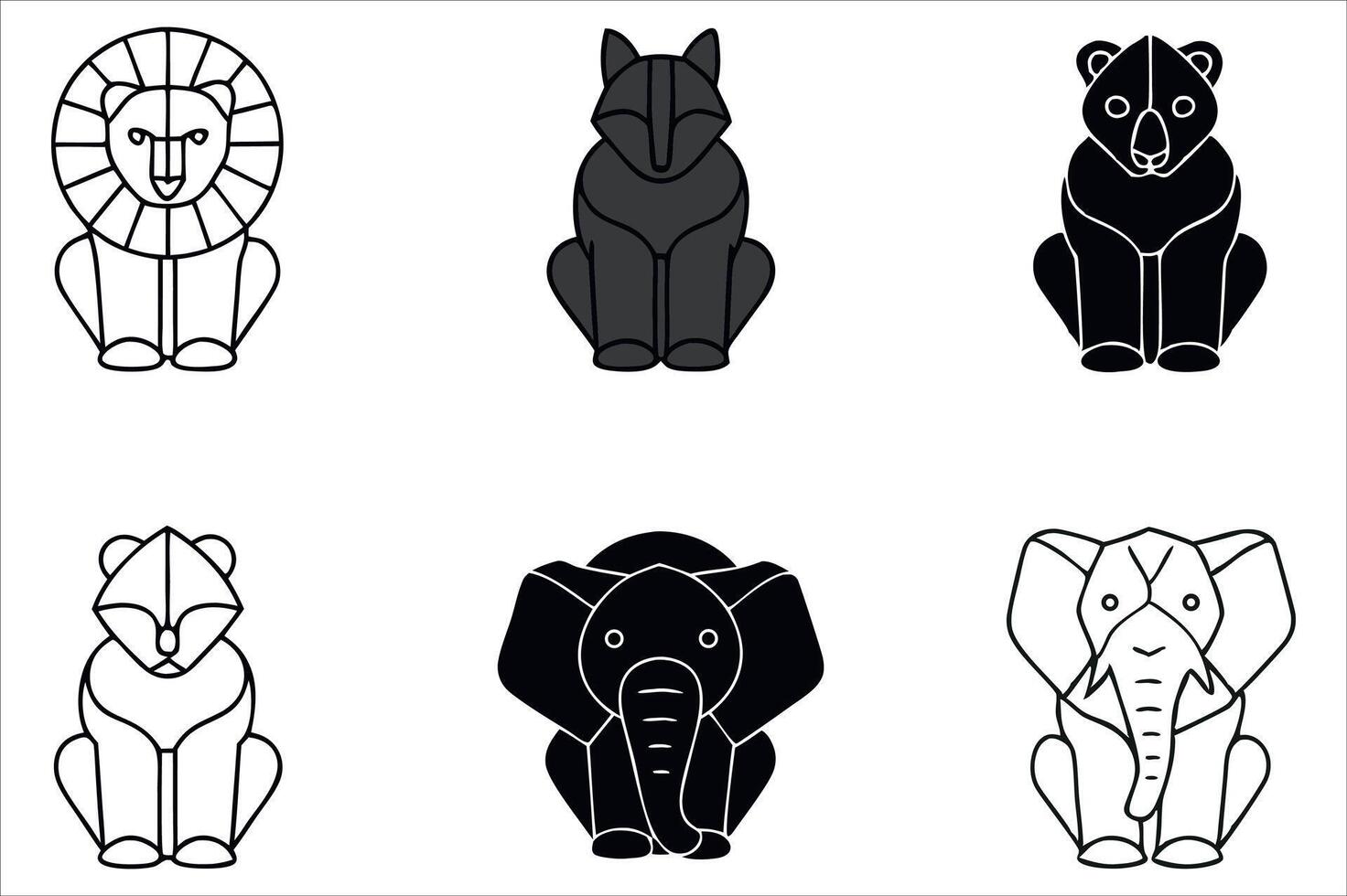 Stylized Animal Illustrations Six Simple Depictions of a Lion a Fox a Bear a Raccoon and Two Elephants vector