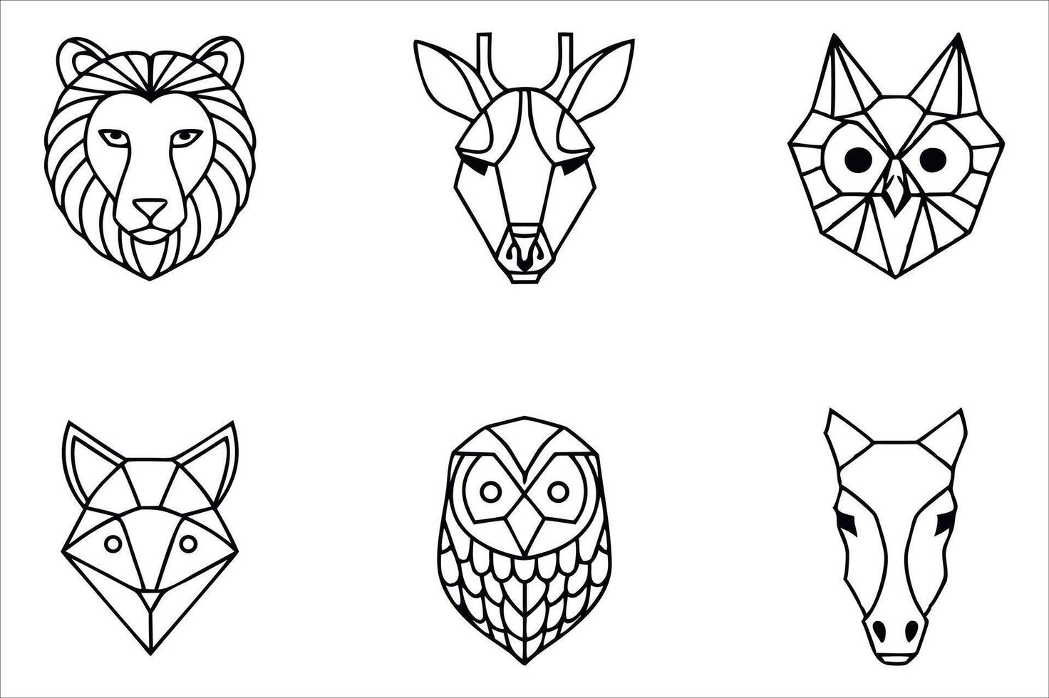 Geometric Animal Head Collection A Minimalist Set of Line Art Illustrations Featuring Various Animals Designed with Geometric Shapes and Clean Lines vector