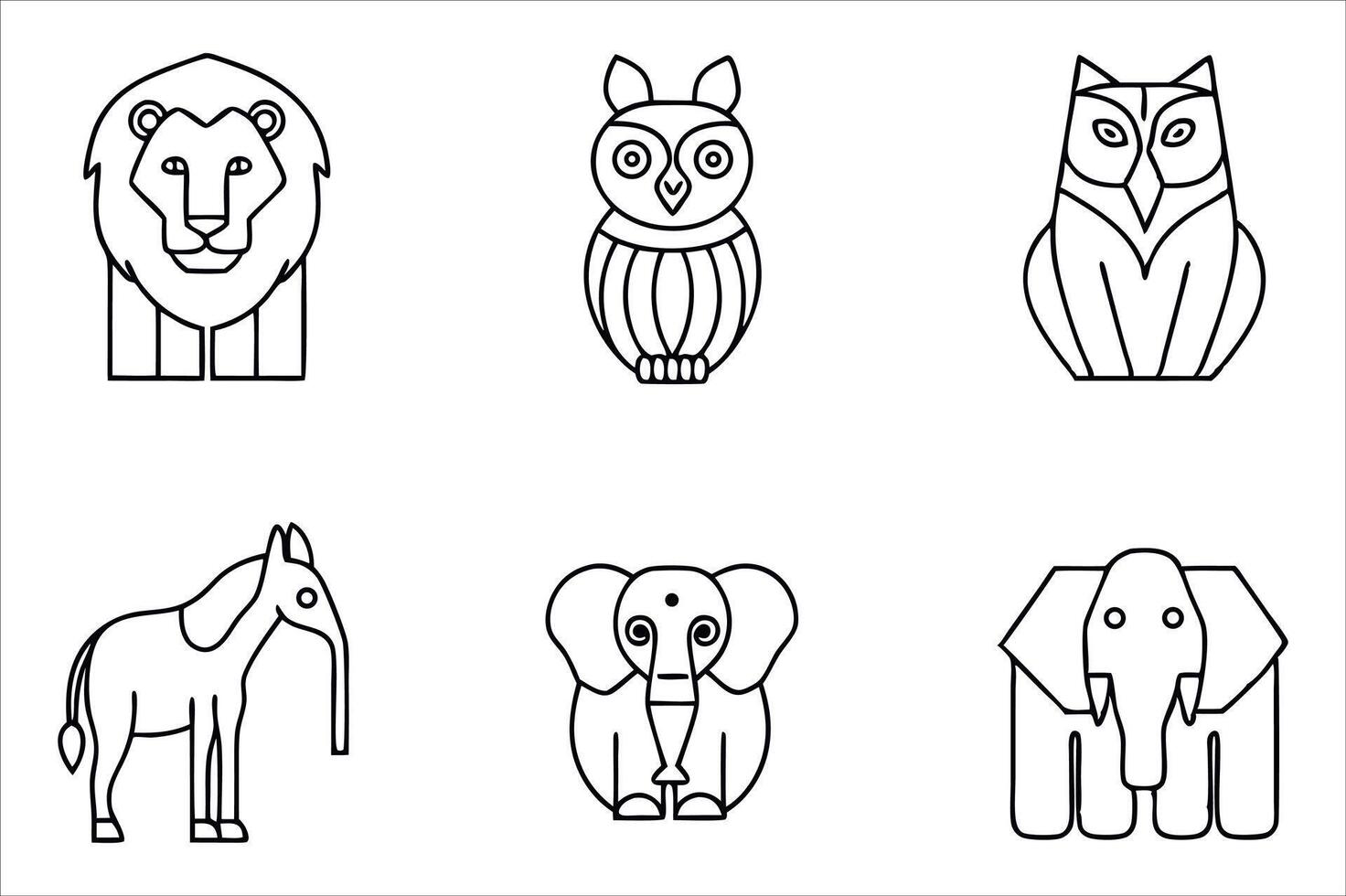 Linear Animal Illustration Collection Simple Black and White Lion Owl Elephant Designs for Coloring Books and Educational Resources vector