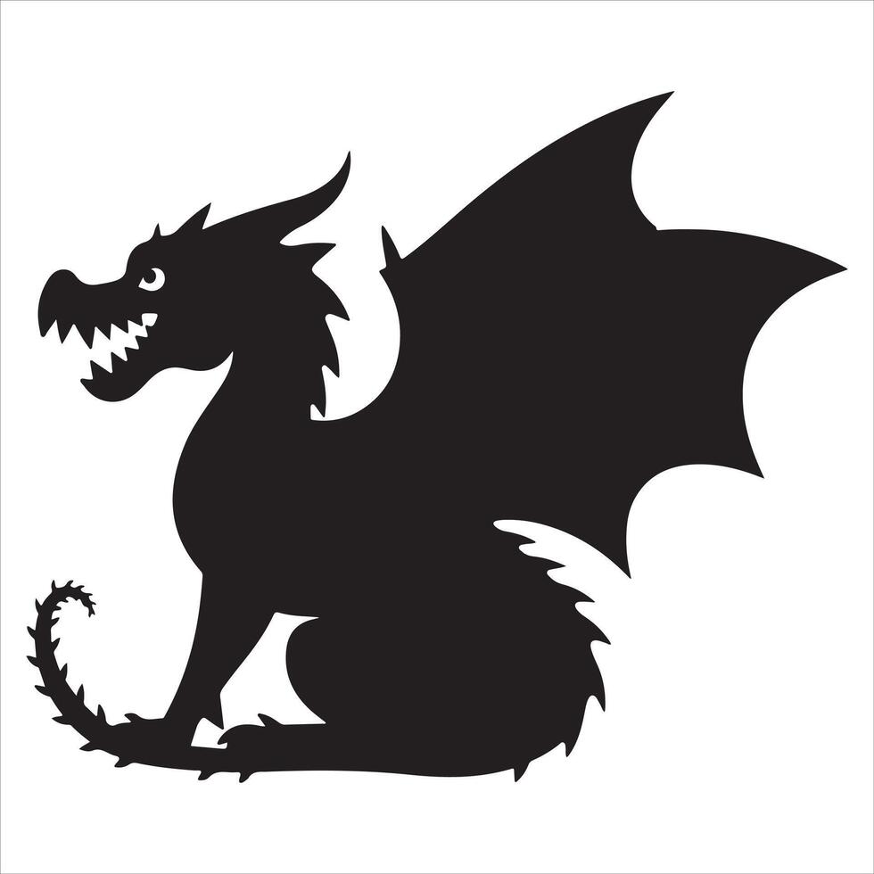 Ferocious Dragon Silhouette with Wings Spread in Readiness, a Bold Symbol of Strength and Mystery against a Plain White Backdrop vector
