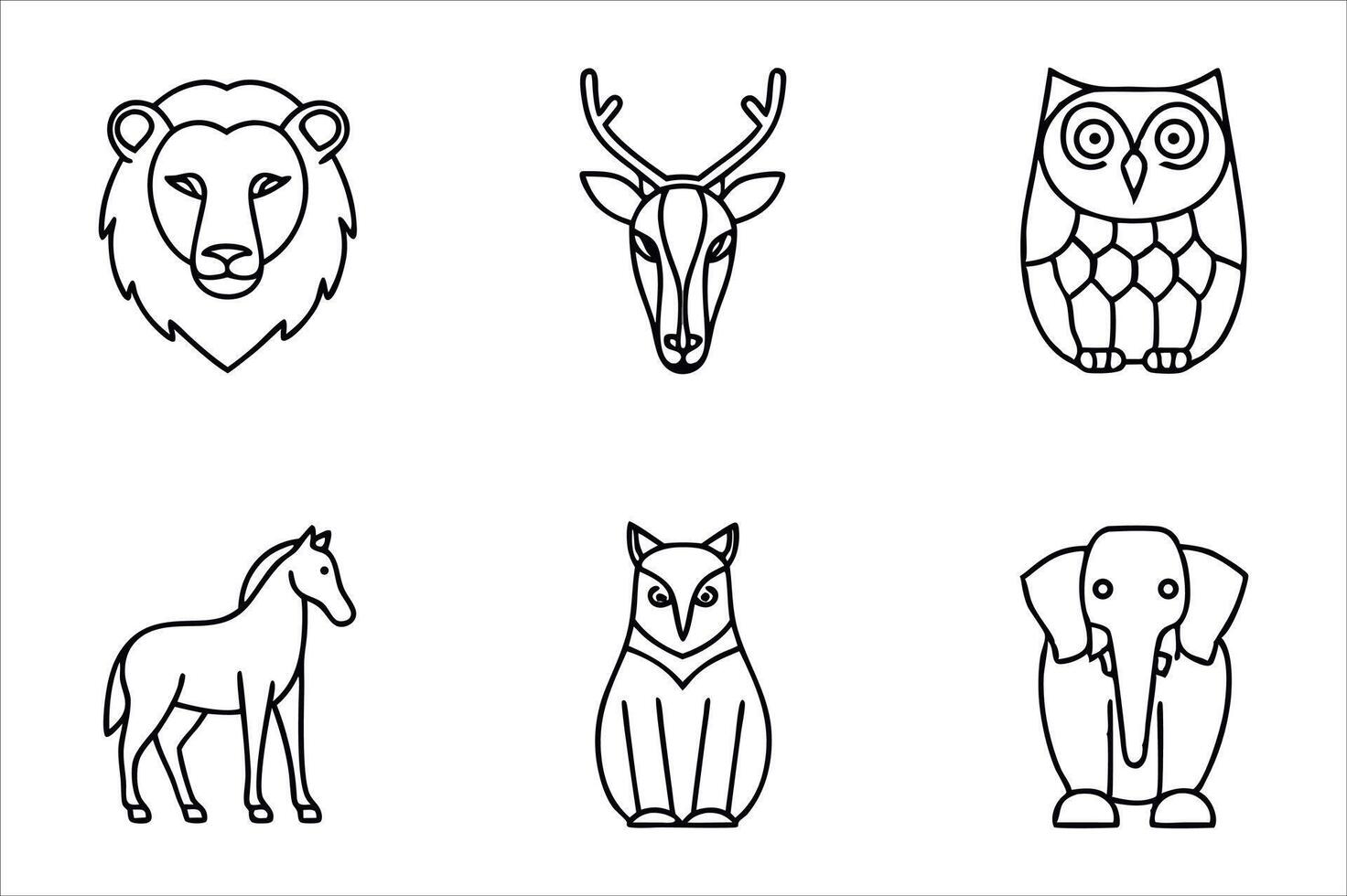Minimalist Line Art of Animals Lion Deer Owl Horse Fox and Elephant Black and White Cute and Simple Style vector