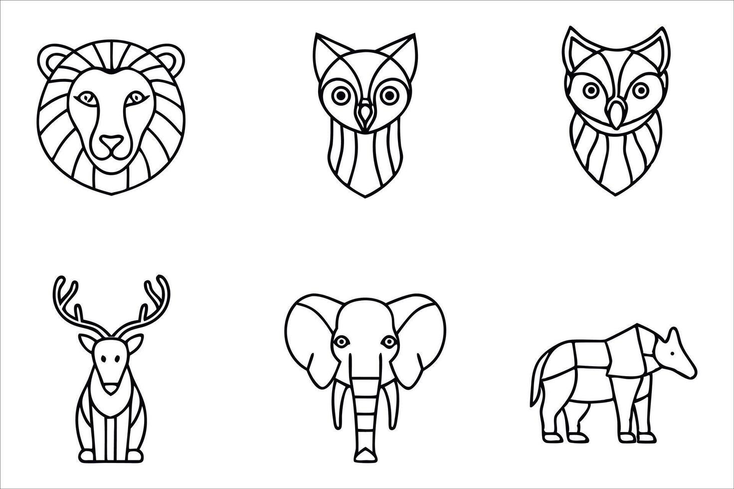 Stylized Animal Illustrations A Collection of Line Art Depicting a Lion Owls a Deer an Elephant and a Unique Animal Hybrid vector