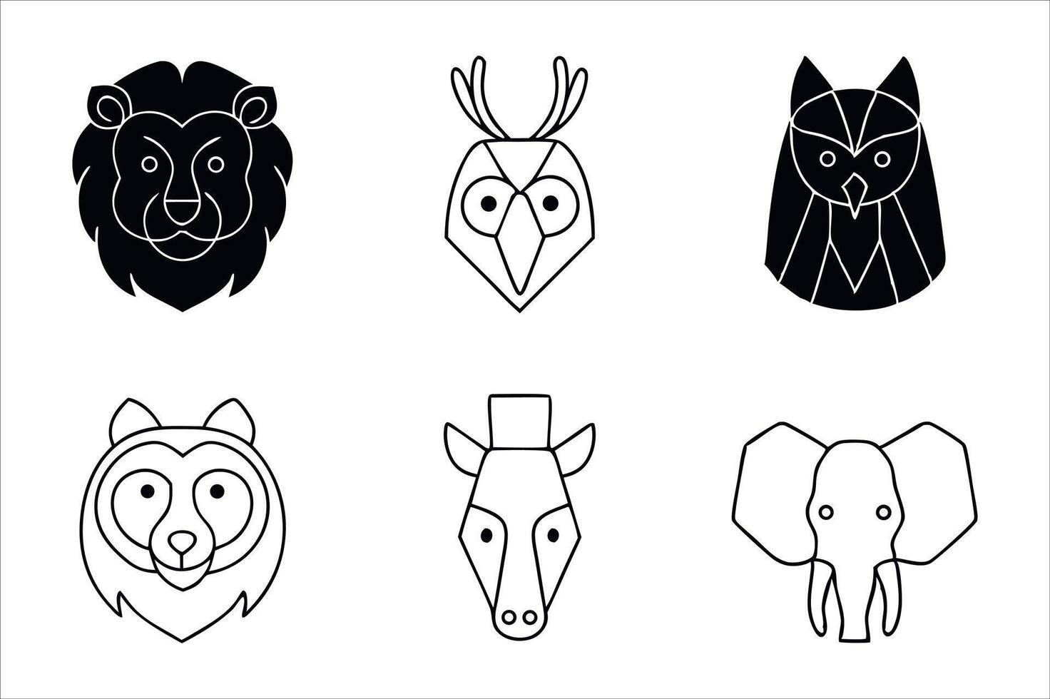 Stylized Animal Icon Set Featuring a Lion, Owl, Raccoon, Zebra, and Elephant with Geometric Shapes and Bold Outlines vector