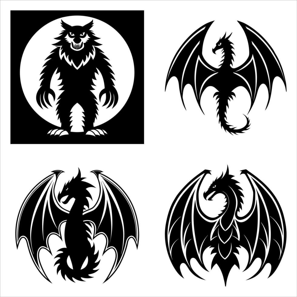 Monochromatic Illustrations of a Werewolf and Dragons Depicting Mythical Creatures in Various Poses and Styles Perfect for Fantasy Designs vector