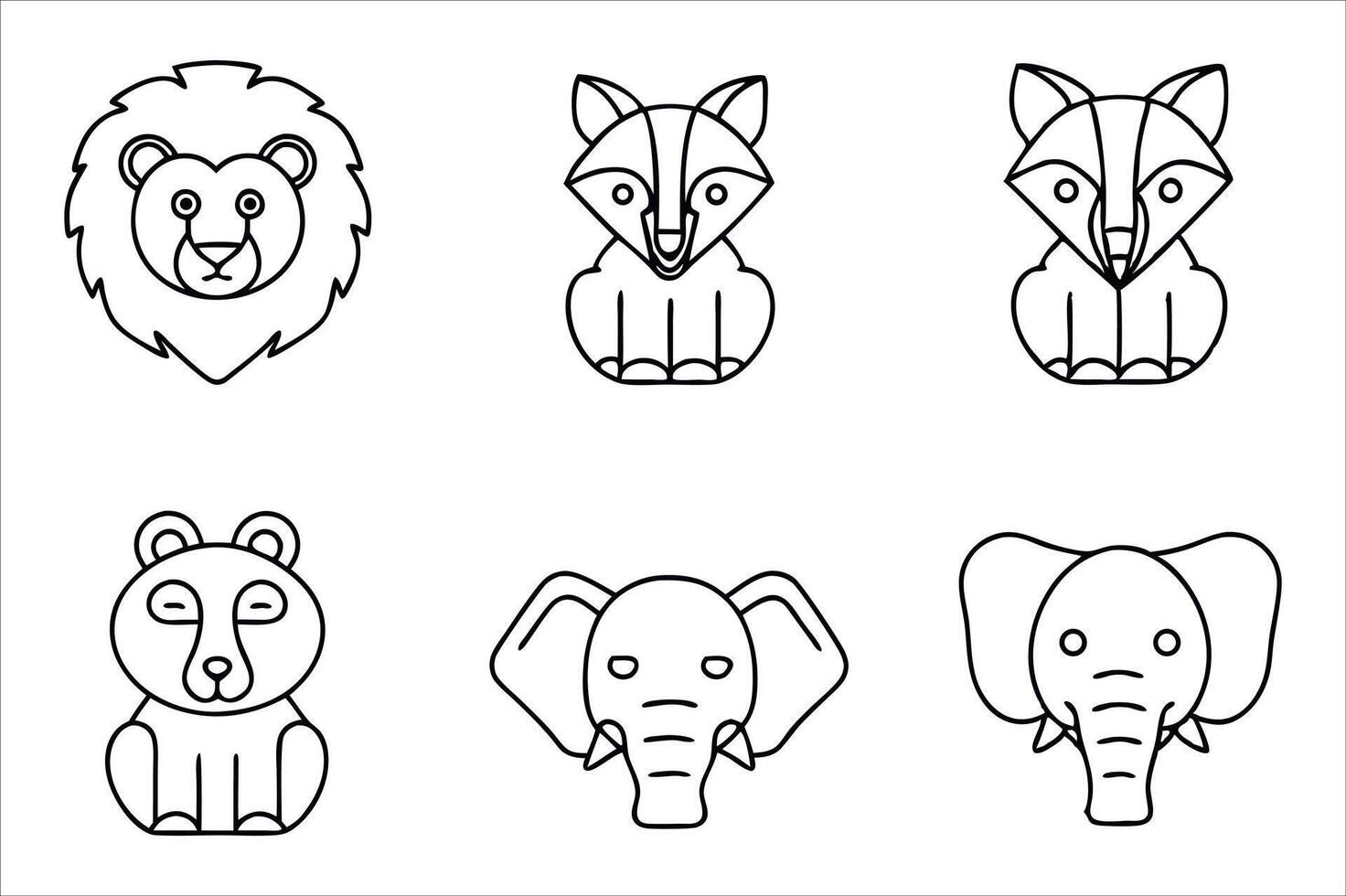 Cartoon Animals Illustration Collection Black and White Outlines Featuring Lion, Fox, Bear, and Elephant for Coloring Books or Educational Materials vector