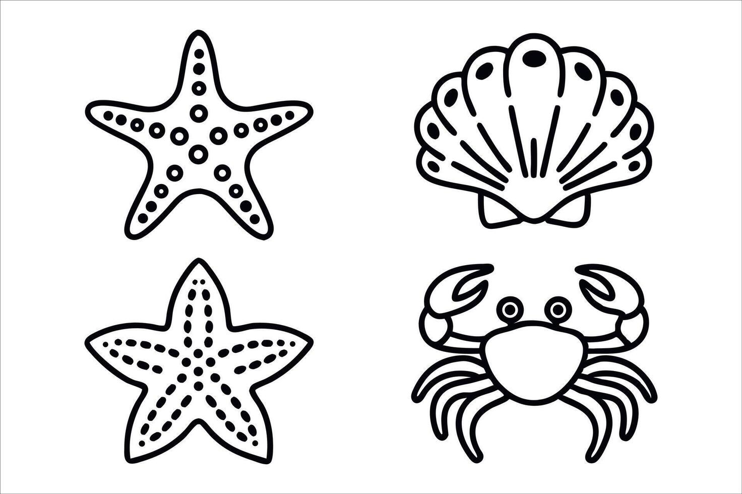 Four Marine Life Illustrations Starfish Seashell and Crab in Simple Black and White Style Ready to Color vector