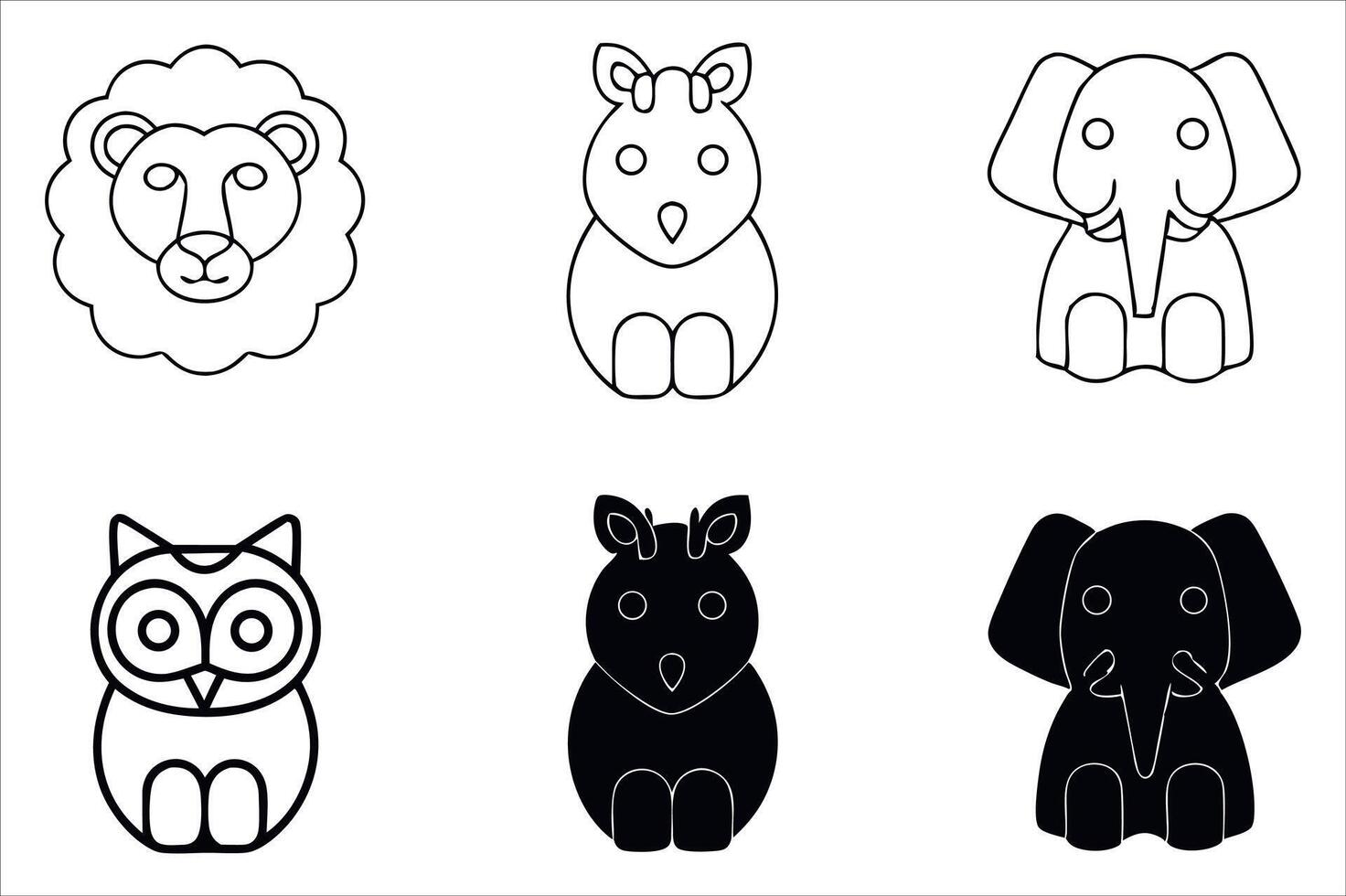 Cute Animal Illustrations Featuring a Lion, Deer, Elephant and Owl in Simple Black and White Outlines and Silhouettes vector