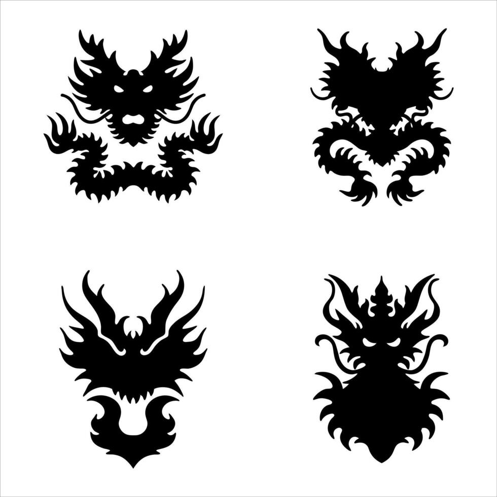 Four Dragon Silhouette Variations Mystical Creatures of Legend Depicted with Intricate Details and a Bold Black and White Aesthetic vector