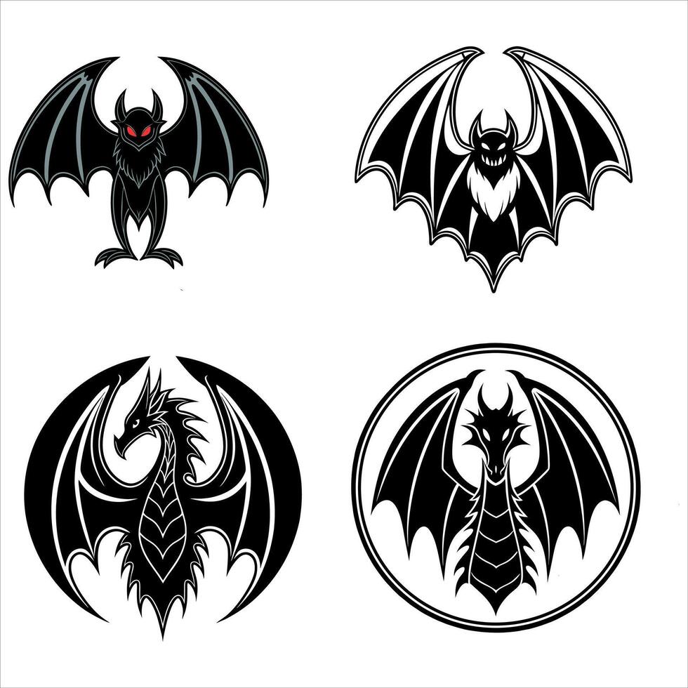 Four Fantasy Creature Illustrations Featuring Bats and Dragons in Black and White, Suitable for Tattoos or Emblems vector