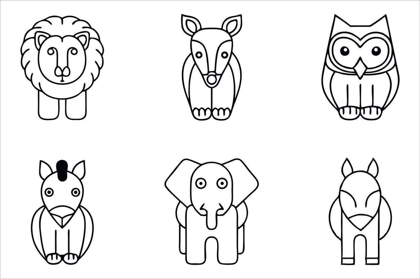 Stylized Animal Illustrations Adorn a Minimalist Composition Featuring a Lion, Deer, Owl, Zebra, Elephant, and Horse in Black and White vector