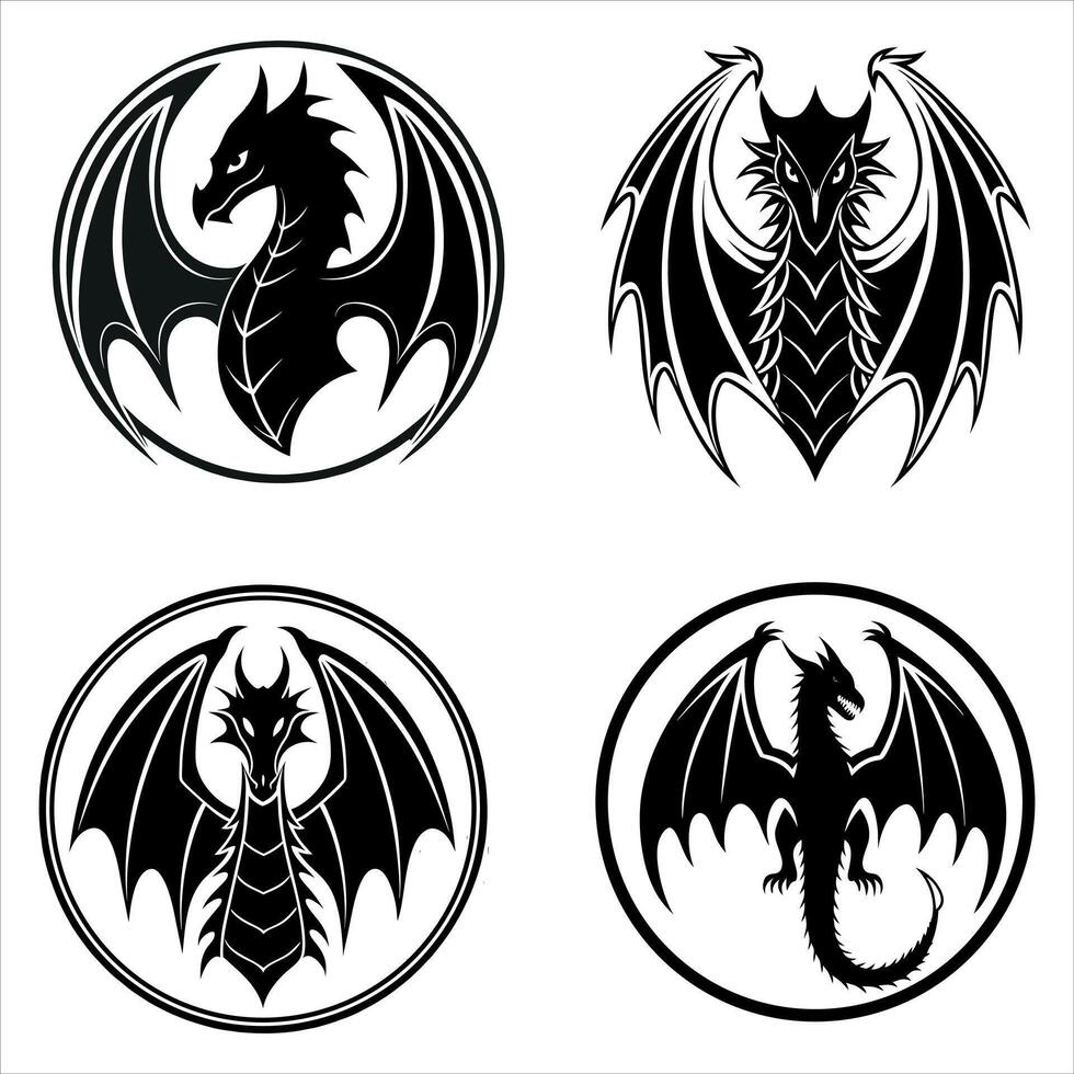 Four Dragon Emblem Set Black and White Dragon Illustrations in Circular Frame Symbolizing Power Strength and Myth vector