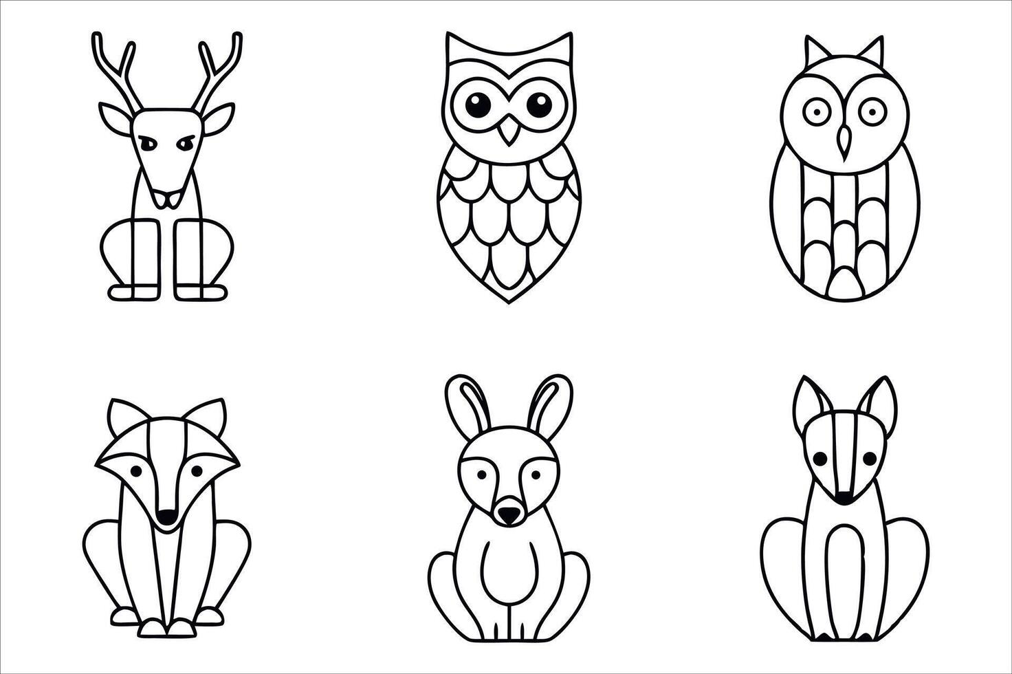 Collection of Stylized Animal Outlines Featuring a Deer, Owls, Fox, Rabbit, and a Fox Like Creature vector