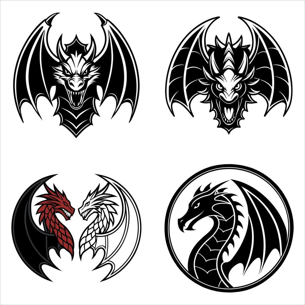 A Collection of Dragon Illustrations Depicting Mythical Creatures in Various Styles Black and White Outlines Red and White Dragons vector