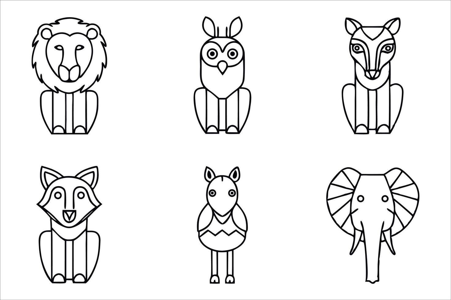 Stylized Animal Illustrations A Linear Series of Simplified Graphic Representations Featuring a Lion, Owl, Fox, Zebra, and Elephant vector