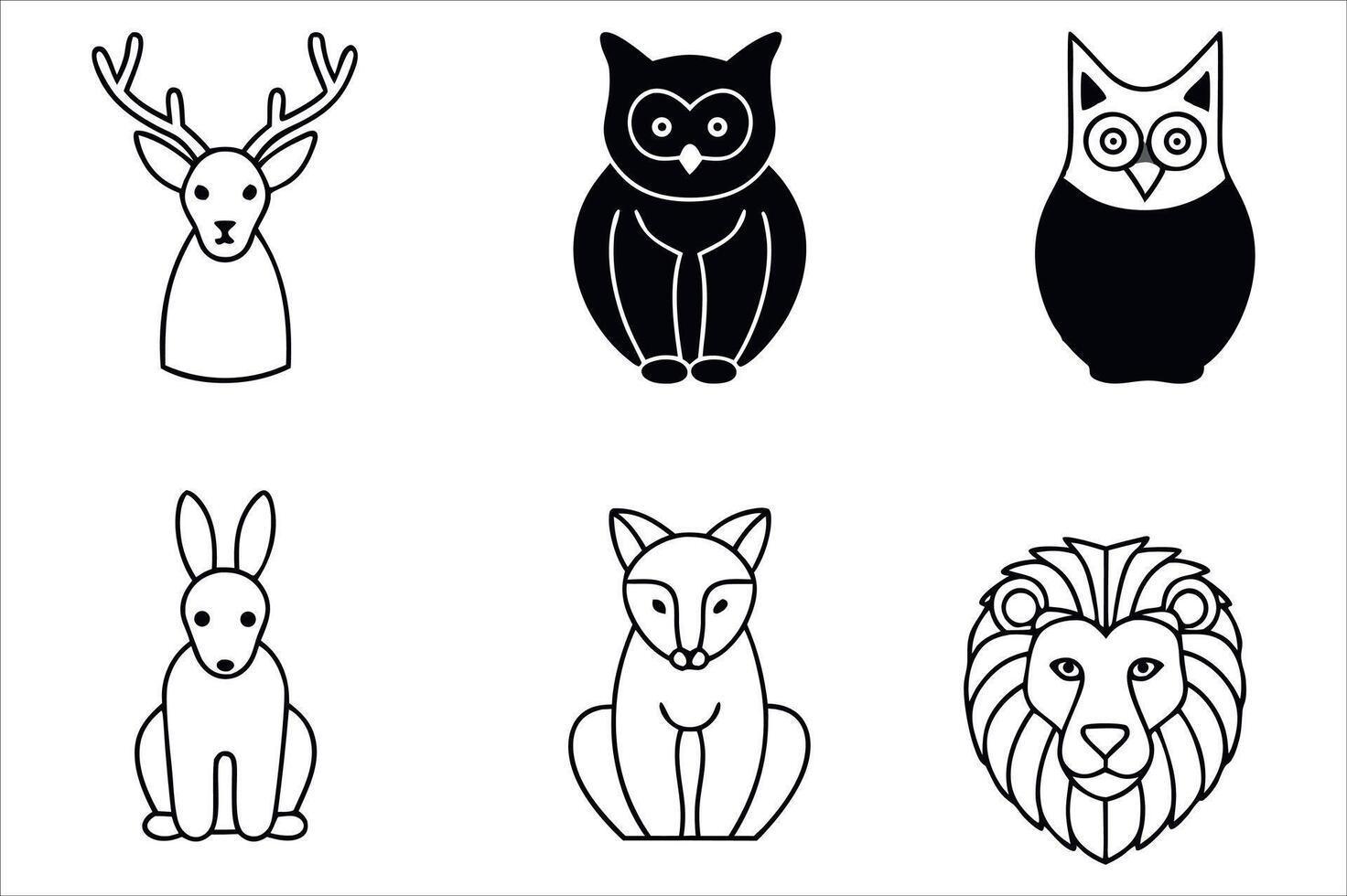 A Collection of Stylized Animal Illustrations Featuring a Deer, Two Owls, a Rabbit, a Fox, and a Lion vector